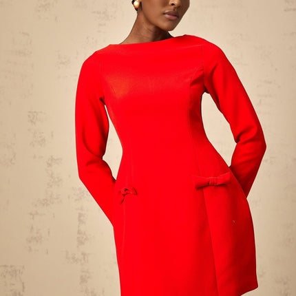 Greta Red Long Sleeve Mini Dress Bateau Neckline Bowknot Detail Fitted Waistline Dart Detailing Flared Skirt 100% Terylene
