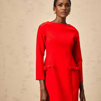 Greta Red Long Sleeve Mini Dress Bateau Neckline Bowknot Detailing Fitted Waistline Flared Skirt 100% Terylene