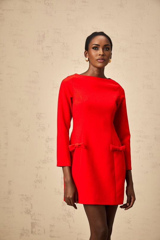 Greta Red Long Sleeve Mini Dress Bateau Neckline Bowknot Detailing Fitted Waistline Flared Skirt 100% Terylene