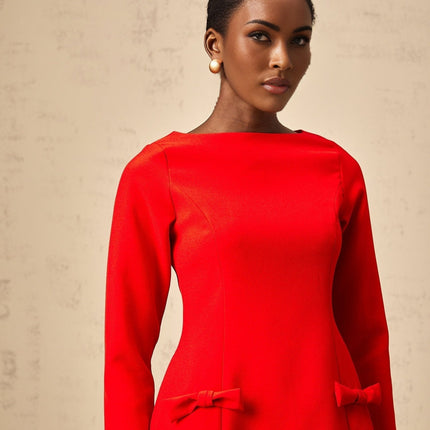 Greta Red Long Sleeve Mini Dress with Bowknot Detailing and Flared Skirt