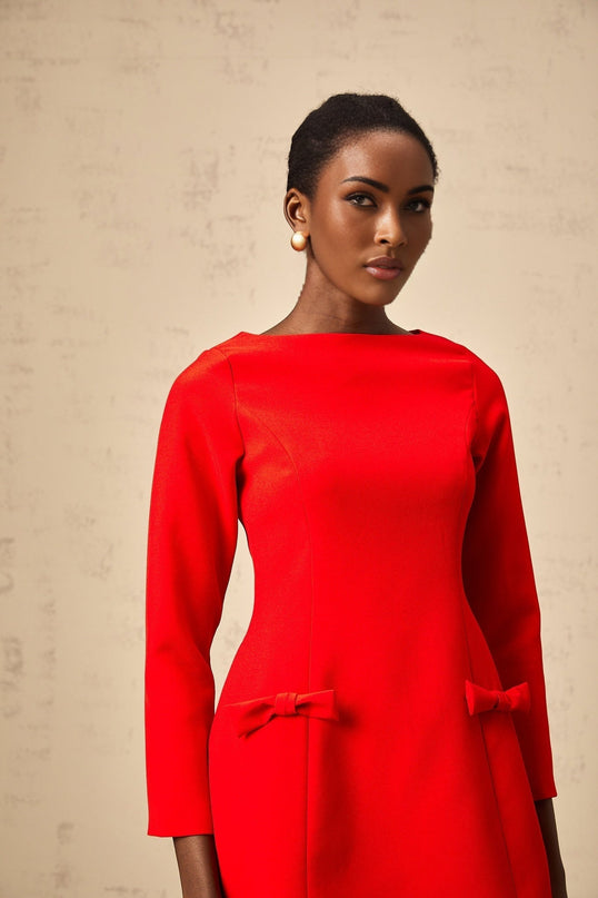 Greta Red Long Sleeve Mini Dress with Bowknot Detailing and Flared Skirt