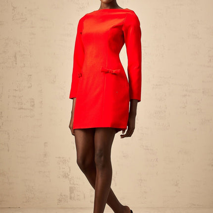 Greta Red Long Sleeve Mini Dress with Bowknot Detailing and Flared Skirt