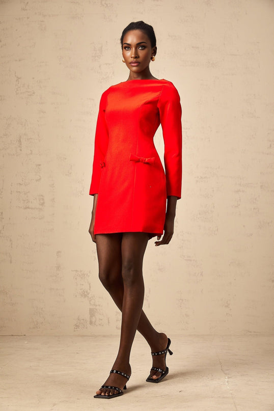 Greta Red Long Sleeve Mini Dress with Bowknot Detailing and Flared Skirt
