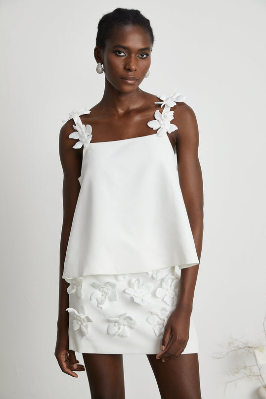 Greta White Floral Embellished Skirt Top Set