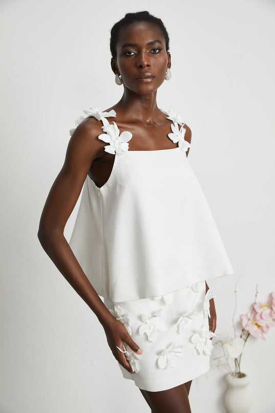 Greta White Floral Embellished Skirt Top Set