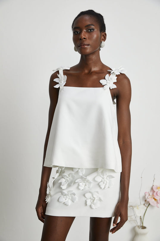 Greta White Floral Embellished Skirt Top Set