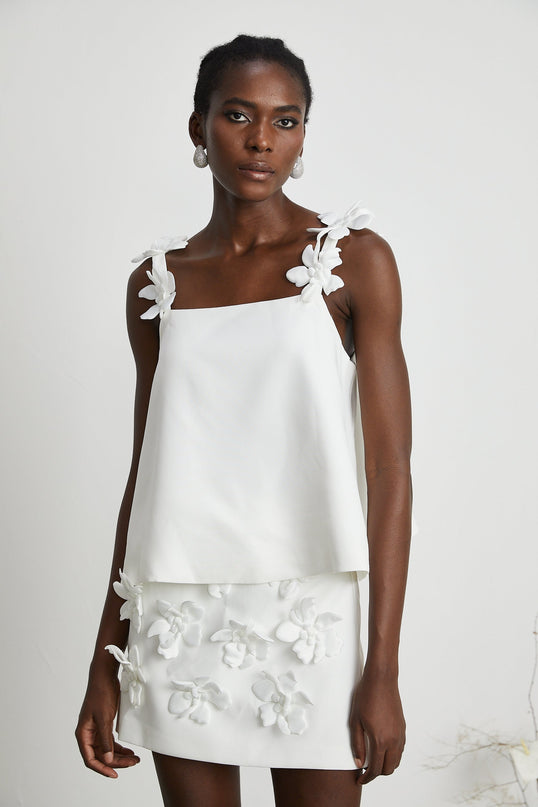 Greta White Floral Embellished Skirt Top Set