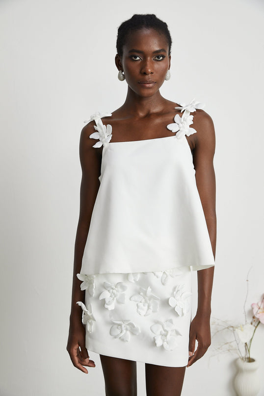 Greta White Floral Embellished Skirt Top Set