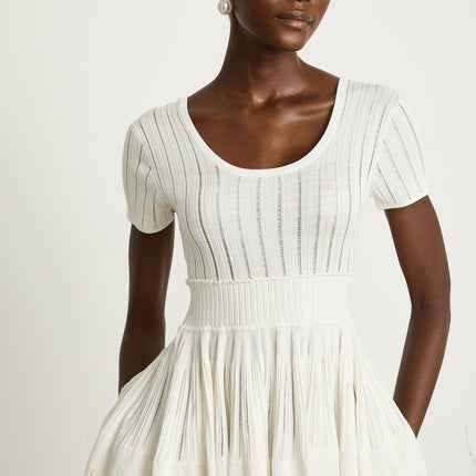 Greta White Knit Mini Dress Short Sleeve U-Neckline Pleated Design