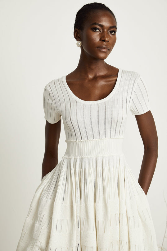 Greta White Knit Mini Dress Short Sleeve U-Neckline Pleated Design