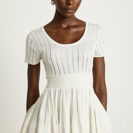 Greta White Knit Mini Dress Short Sleeve U-Neckline Pleated Design