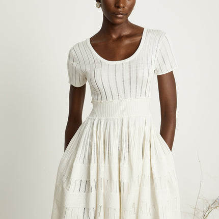 Greta White Knitted Mini Dress with Short Sleeves and U-Neckline