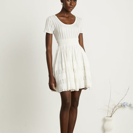 Greta White Knitted Mini Dress Fitted Waistline Pleated Design Short Sleeves U-Neckline Mini Length