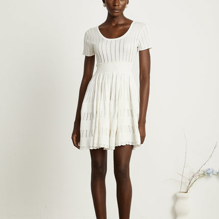 Greta White Knitted Mini Dress U-neckline Short Sleeves