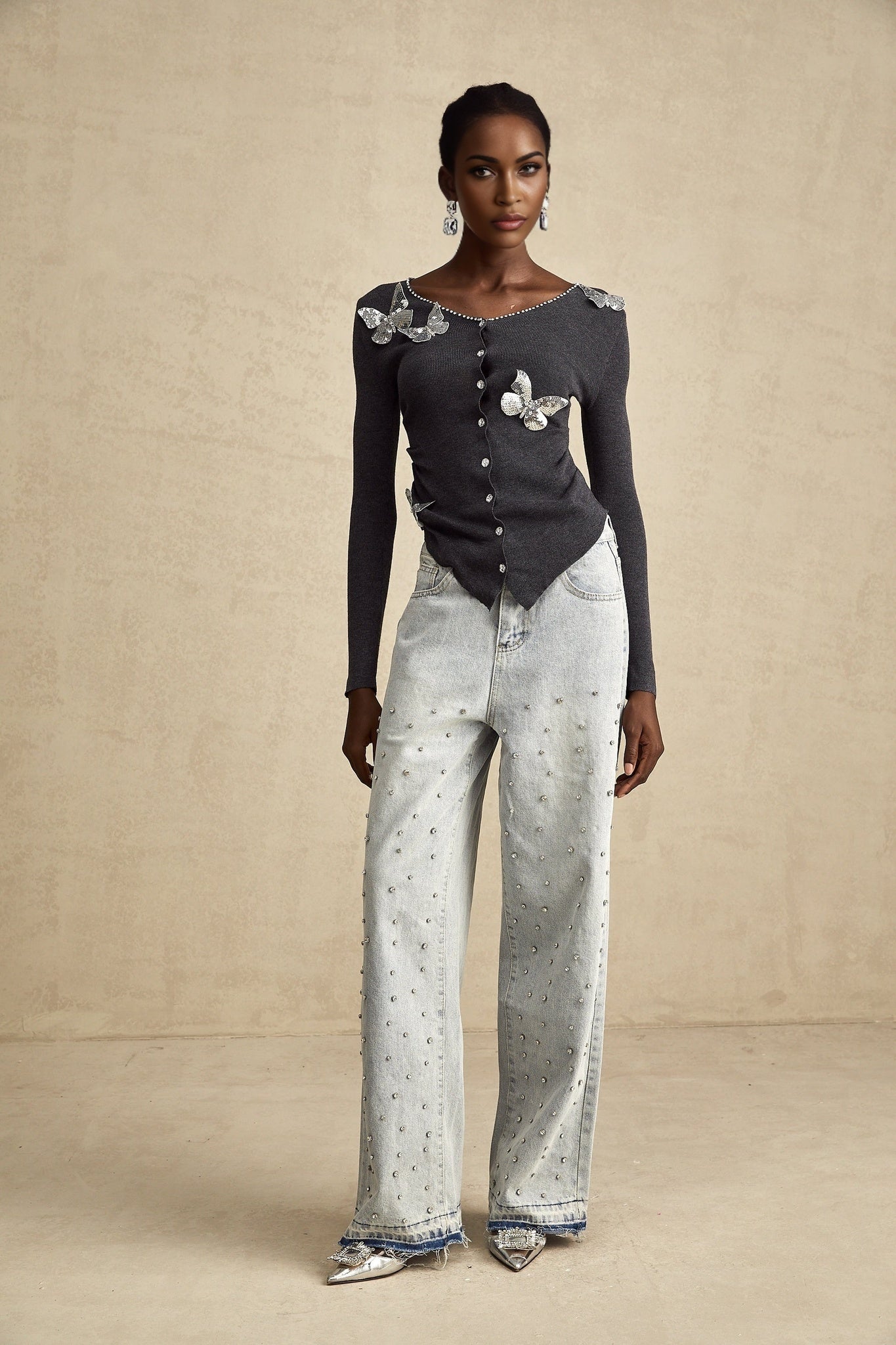 Grey cardigan with sequined butterfly design featuring Anastasie style