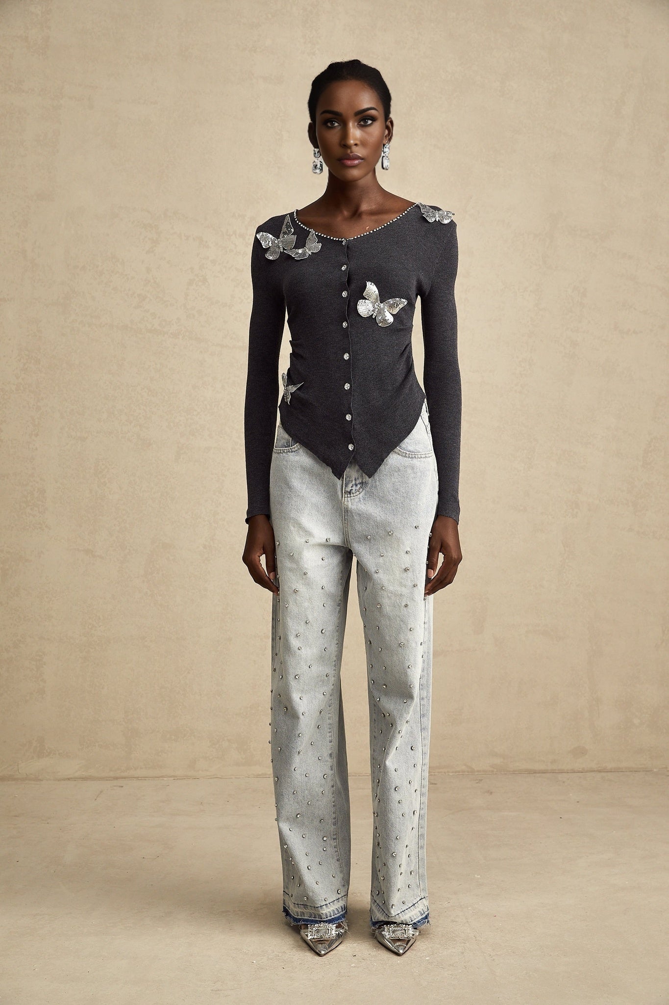 Grey cardigan with sequined butterfly design named Anastasie