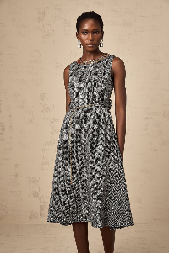 Grey sleeveless tweed midi dress with crystal embellishments for Valentines Day occasion