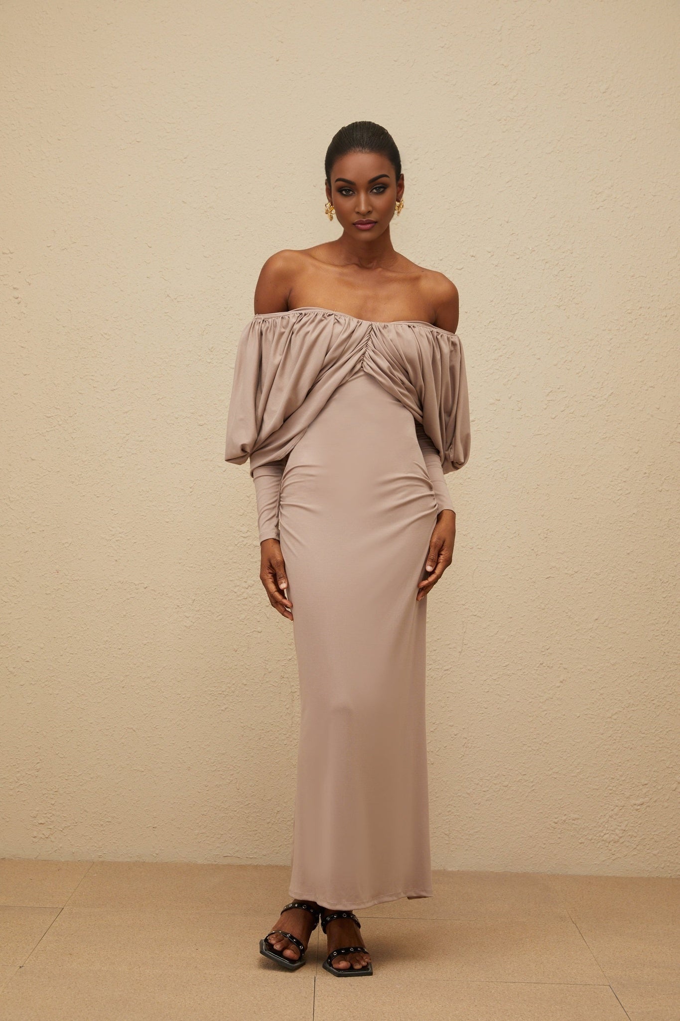 Grey V-Neck Long Sleeve Shift Dress with Ruched Detailing