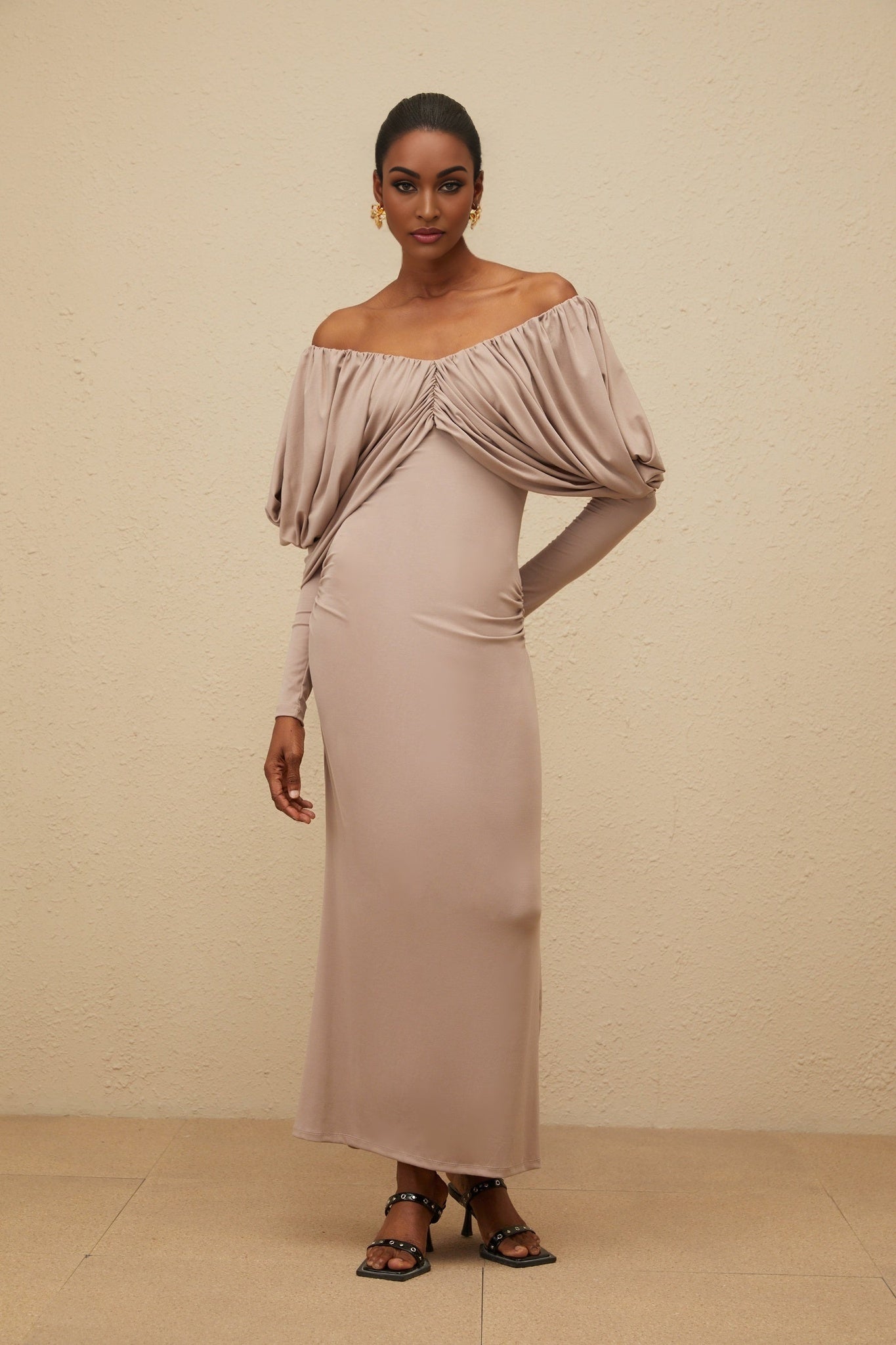 Grey V-Neck Shift Style Dress with Ruched Detailing and Rear Slit