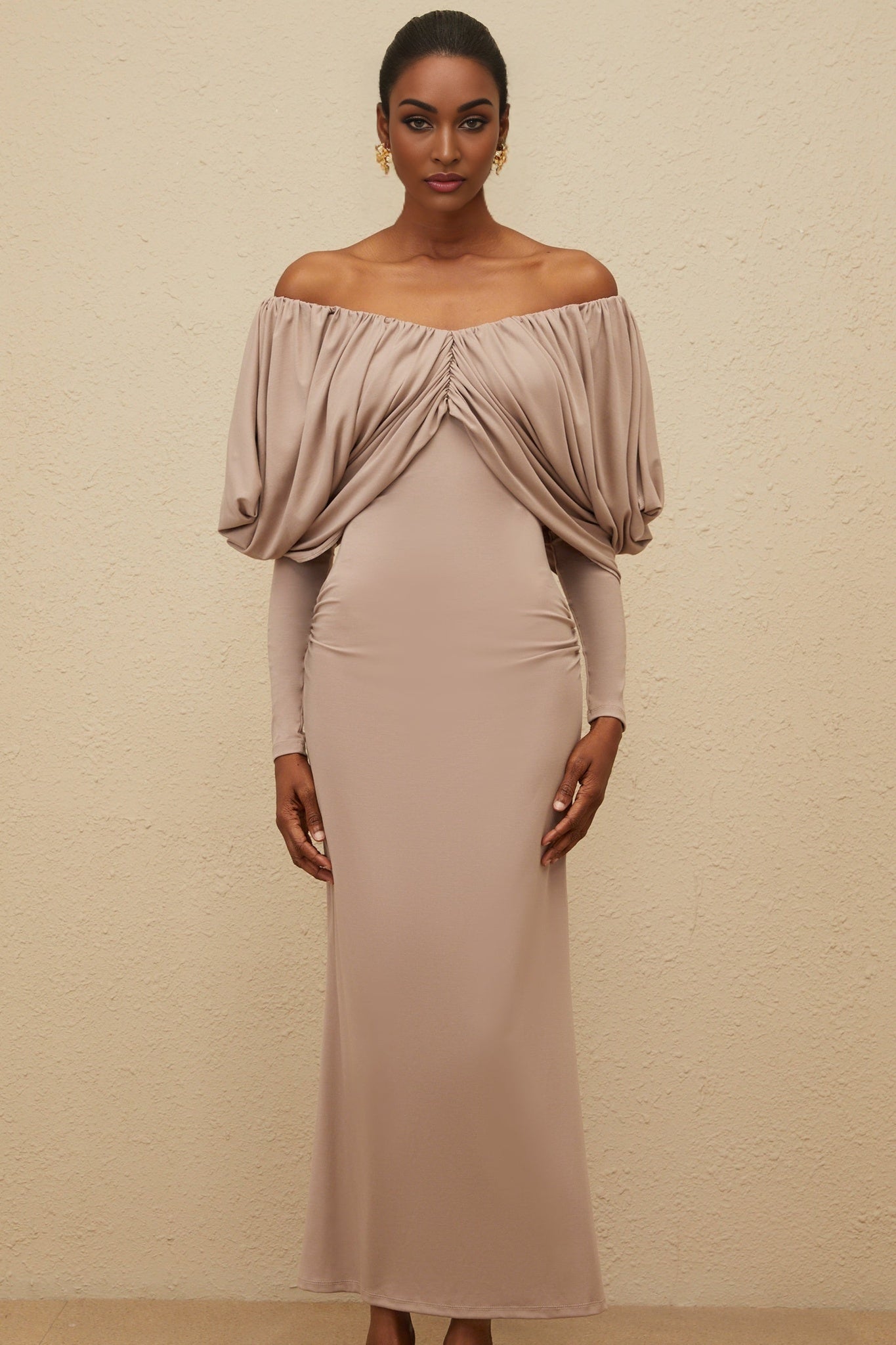 Grey V-Neck Long Sleeve Shift Dress with Ruched Detailing and Rear Slit in Calf Length
