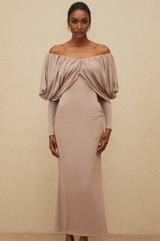 Grey V-Neck Long Sleeve Shift Dress with Ruched Detailing and Rear Slit in Calf Length