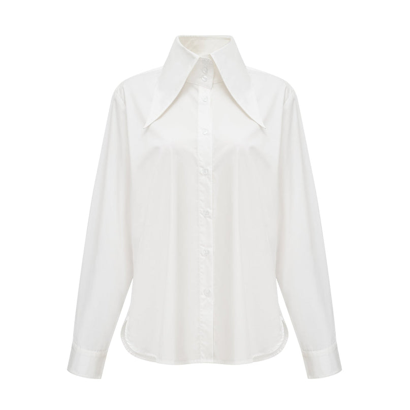 Guenda White Cotton Pointed Collar Shirt with Buttoned Cuffs