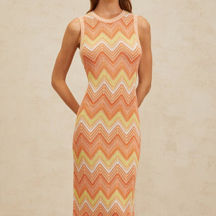 Guendalina Orange Chevron Knit Midi Dress