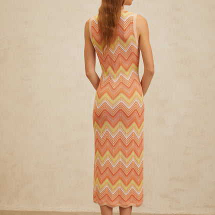 Guendalina Orange Chevron Knit Midi Dress