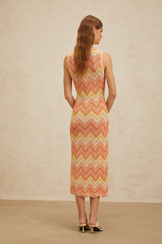 Guendalina Orange Chevron Knit Midi Dress