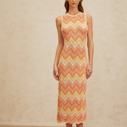 Guendalina Orange Chevron Knit Midi Dress