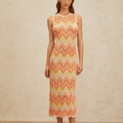 Guendalina Orange Chevron Knit Midi Dress