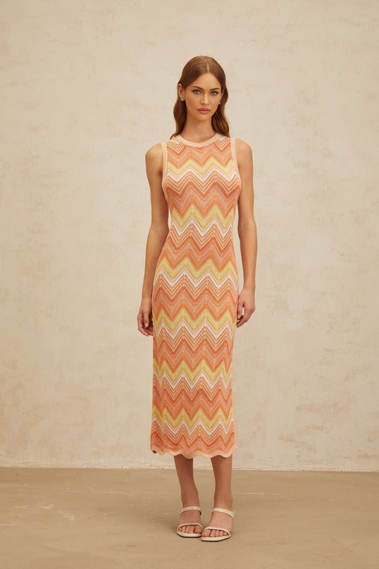 Guendalina Orange Chevron Knit Midi Dress