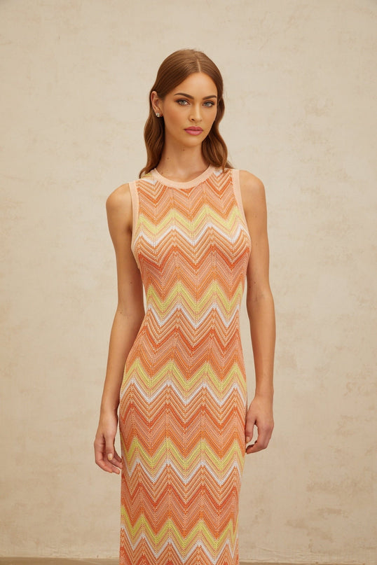 Guendalina Orange Chevron Knit Midi Dress