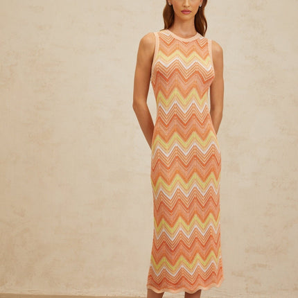 Guendalina Orange Chevron Knit Midi Dress with Side Slit and Metallic Fibers