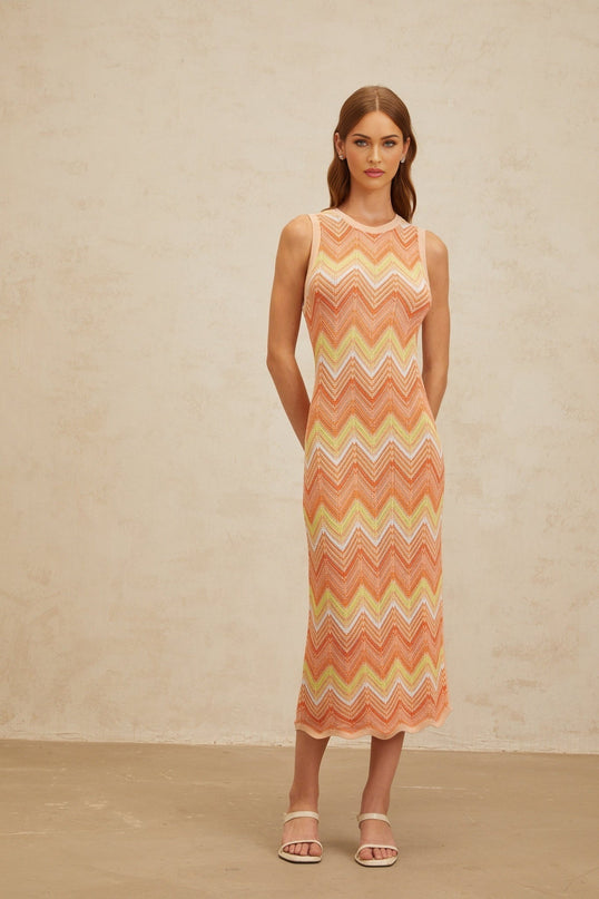 Guendalina Orange Chevron Knit Midi Dress with Side Slit and Metallic Fibers