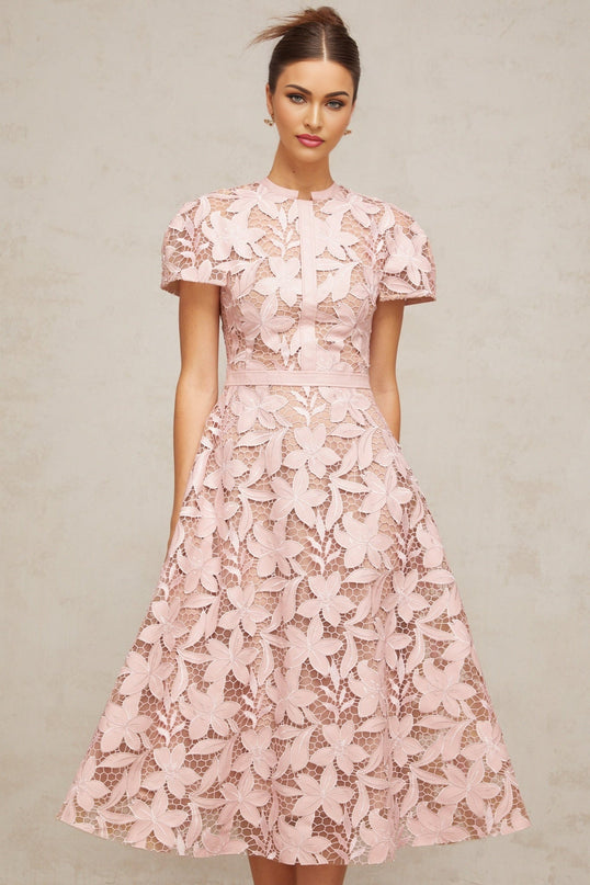 Guendalina Pink Lace Flared Midi Dress