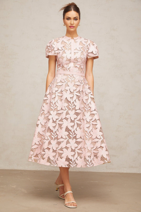 Guendalina Pink Lace Flared Midi Dress