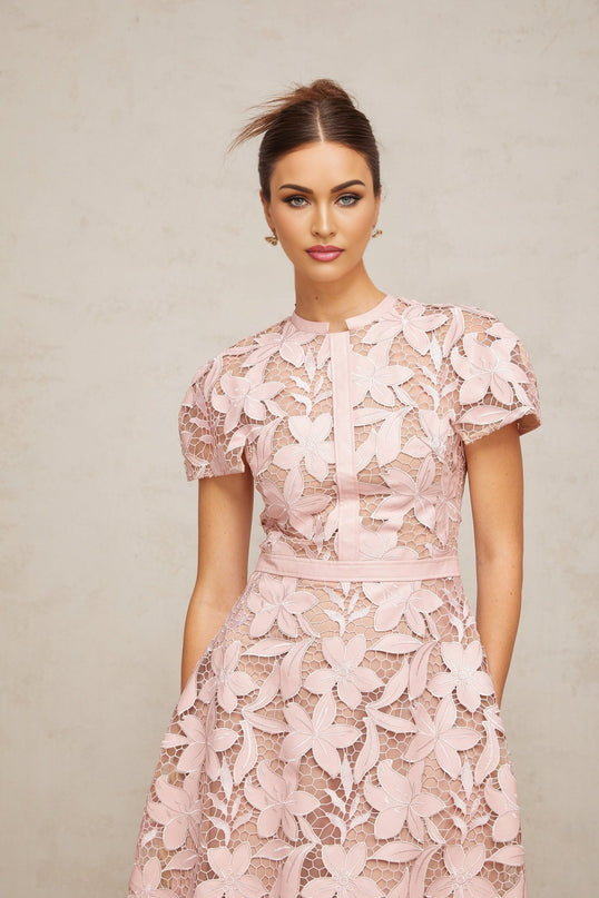 Guendalina Pink Lace Flared Midi Dress