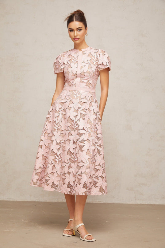 Guendalina Pink Lace Flared Midi Dress