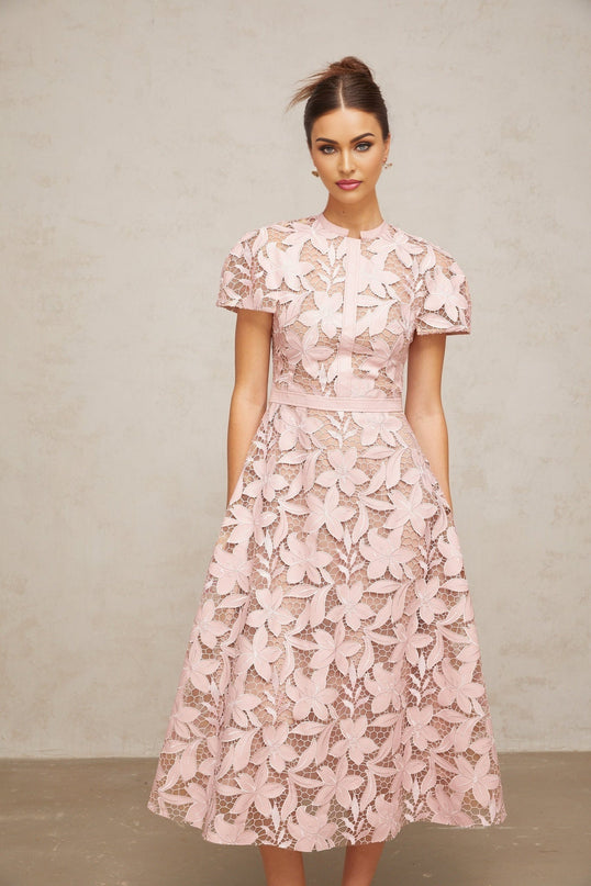 Guendalina Pink Lace Flared Midi Dress