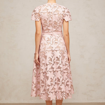Guendalina Pink Lace Midi Dress Flared Calf Length