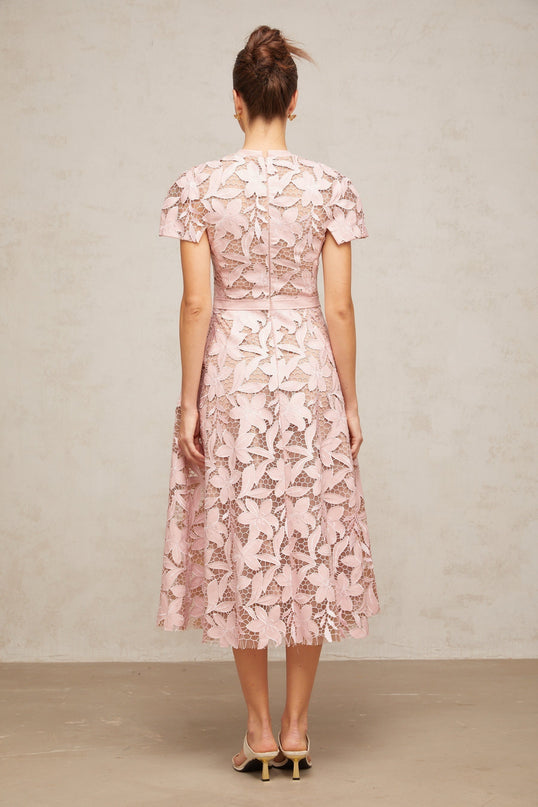 Guendalina Pink Lace Midi Dress Flared Calf Length
