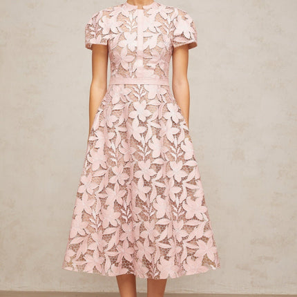Guendalina Pink Lace Midi Dress Flared Calf Length