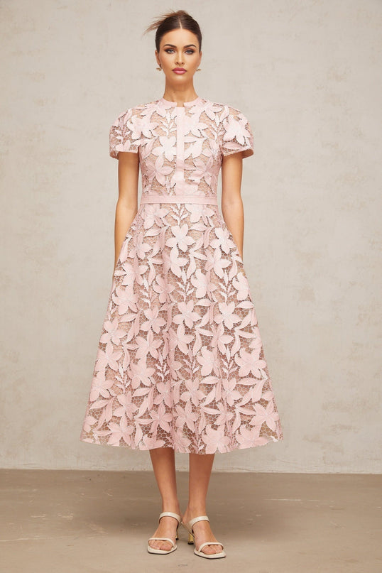 Guendalina Pink Lace Midi Dress Flared Calf Length