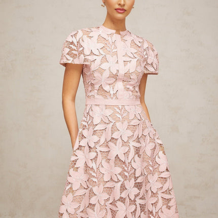 Guendalina Pink Lace Midi Dress Flared Calf Length