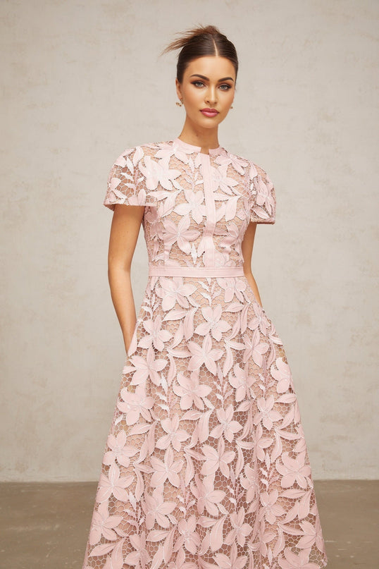 Guendalina Pink Lace Midi Dress Flared Calf Length