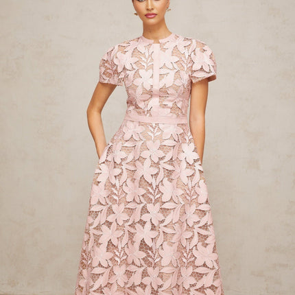 Guendalina Pink Lace Midi Dress Flared Calf Length
