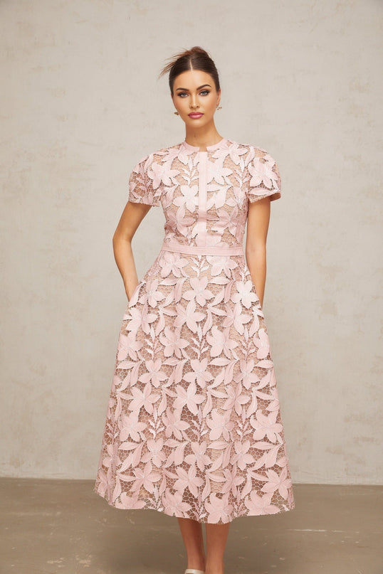 Guendalina Pink Lace Midi Dress Flared Calf Length