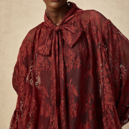 Guendalina Red Lace Dress with Asymmetric Hem and Self-Tie Design