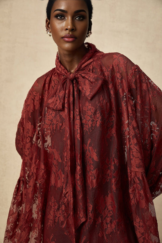 Guendalina Red Lace Dress with Asymmetric Hem and Self-Tie Design